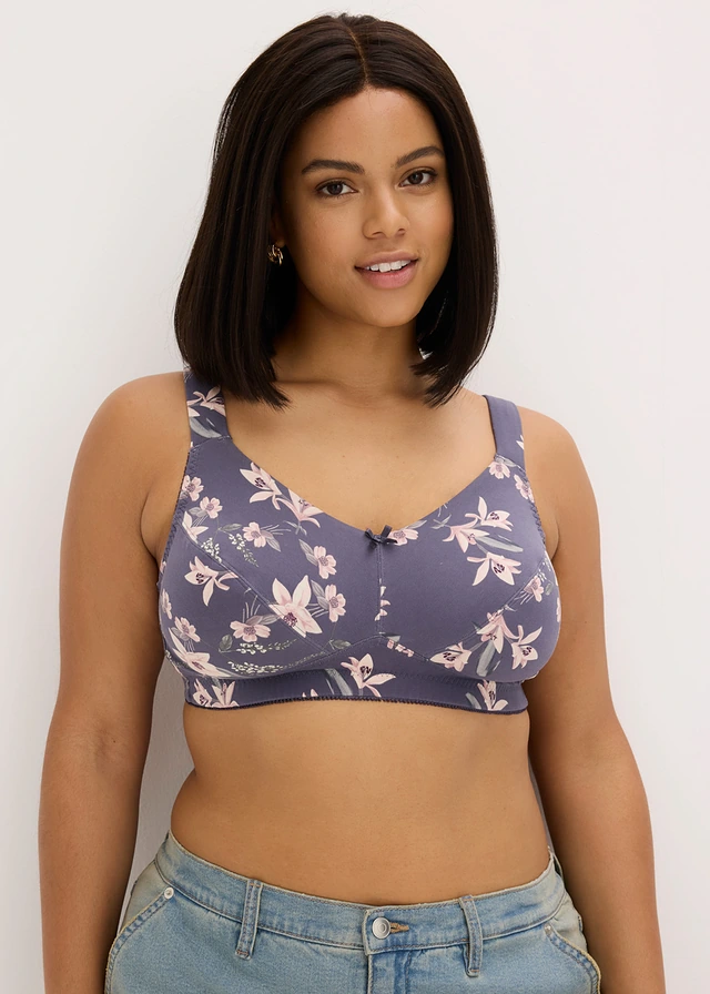 Lot de 3 soutiens-gorge coton sans armatures, Couleur: myrtille imprimé + rose dragée + sureau