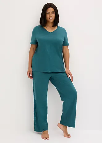 Pyjama met viscose en kant, Kleur: pepergroen