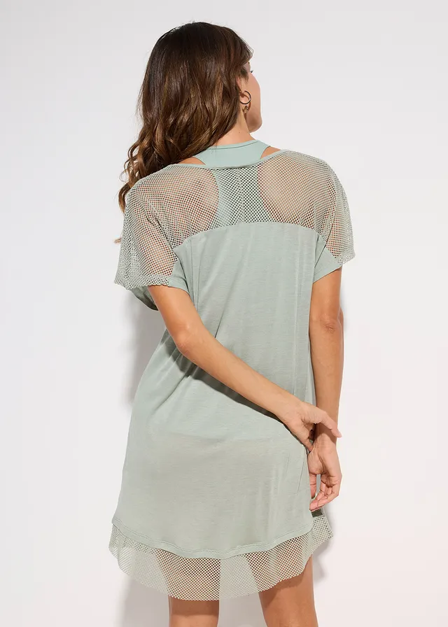 T-shirt long de plage en viscose fluide, Couleur: roseau clair