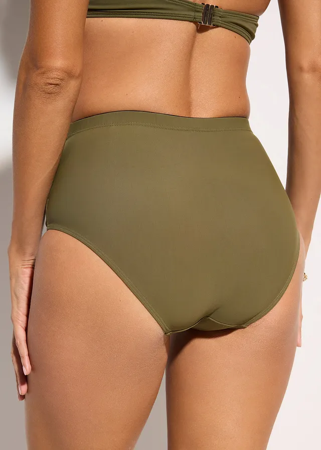 Bas de maillot taille haute sculptant à fronces, maintien léger, Couleur: olive foncé