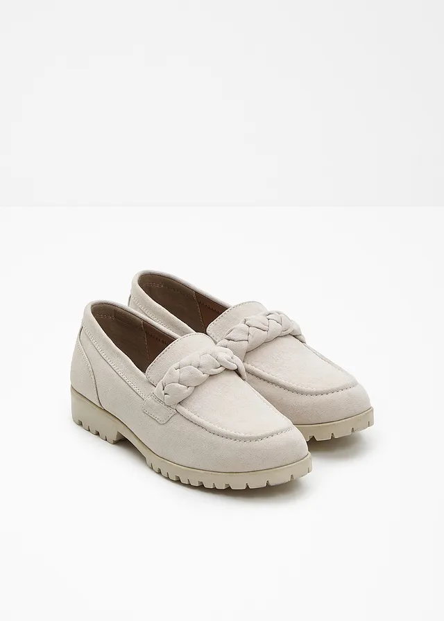 Chunky loafers met vlechtdetails, Kleur: beige