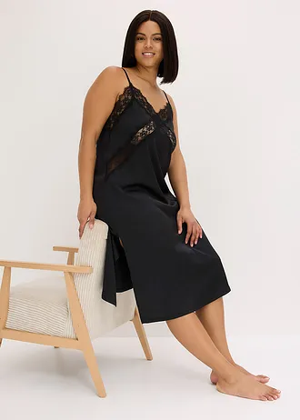 Neglijeu din satin, cu dantelă fină • negru plus size • magazin bonprix