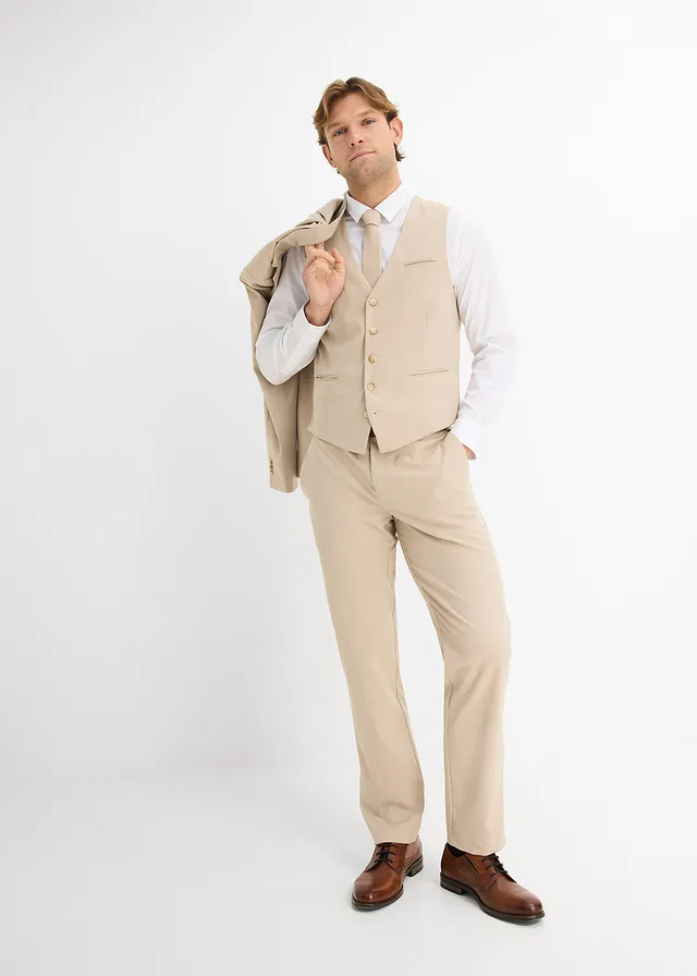 Pak (4-dlg. set) met gilet en stropdas, regular fit, Kleur: lichtbruin gemêleerd