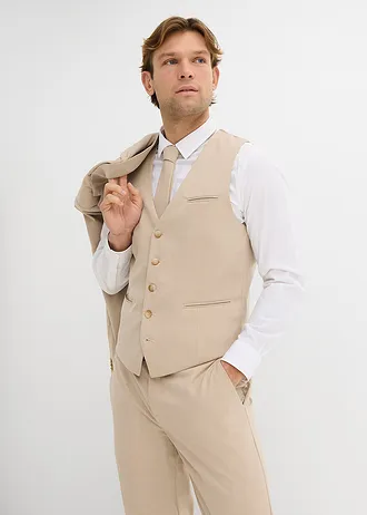 Costume 4 pièces avec gilet sans manches et cravate, regular • marron clair chiné • Boutique bonprix