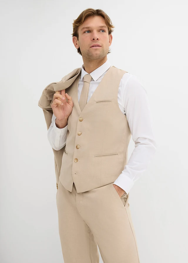 Costume 4 pièces avec gilet sans manches et cravate, regular, Couleur: marron clair chiné
