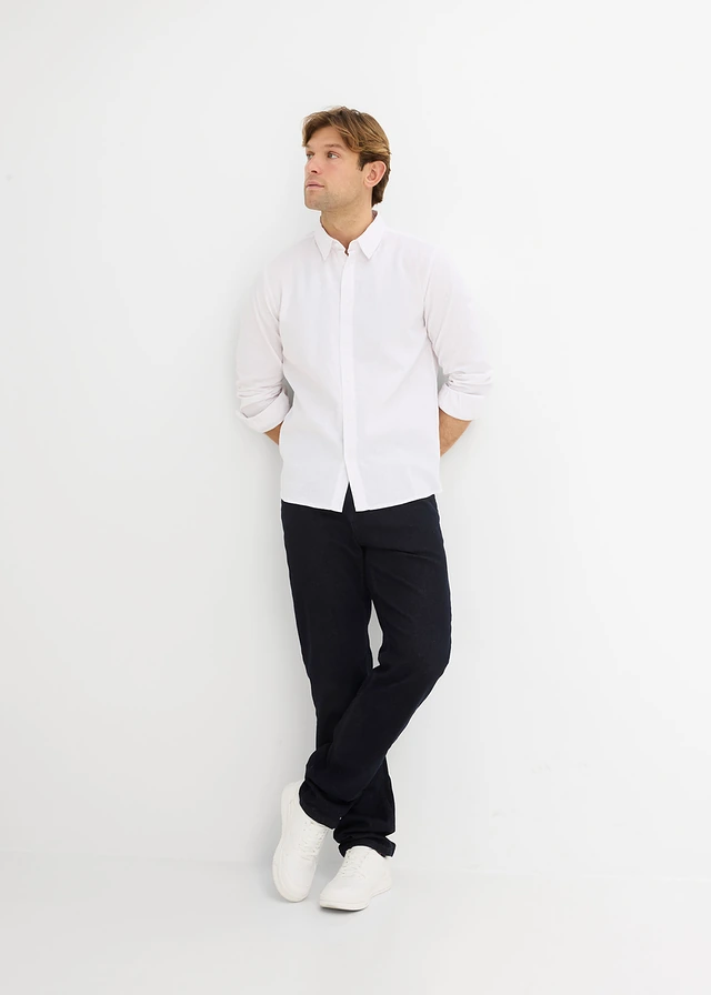 Chemise manches longues en lin mélangé rafraîchissant, coupe moderne, Couleur: blanc