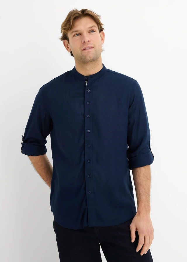 Chemise manches longues en matière fraîche et légère, Couleur: bleu foncé