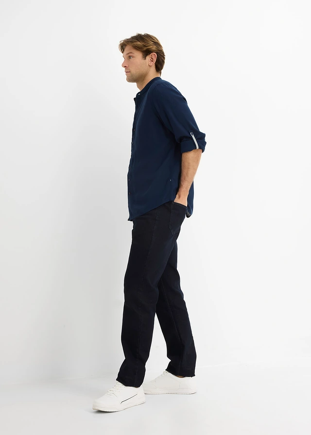 Overhemd met lange mouwen in een luchtige linnenmix, Kleur: donkerblauw