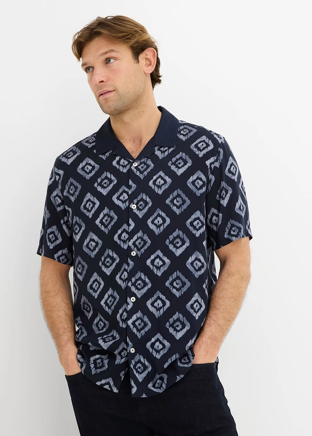 Overhemd met korte mouwen en Resort-kraag, Kleur: donkerblauw gedessineerd