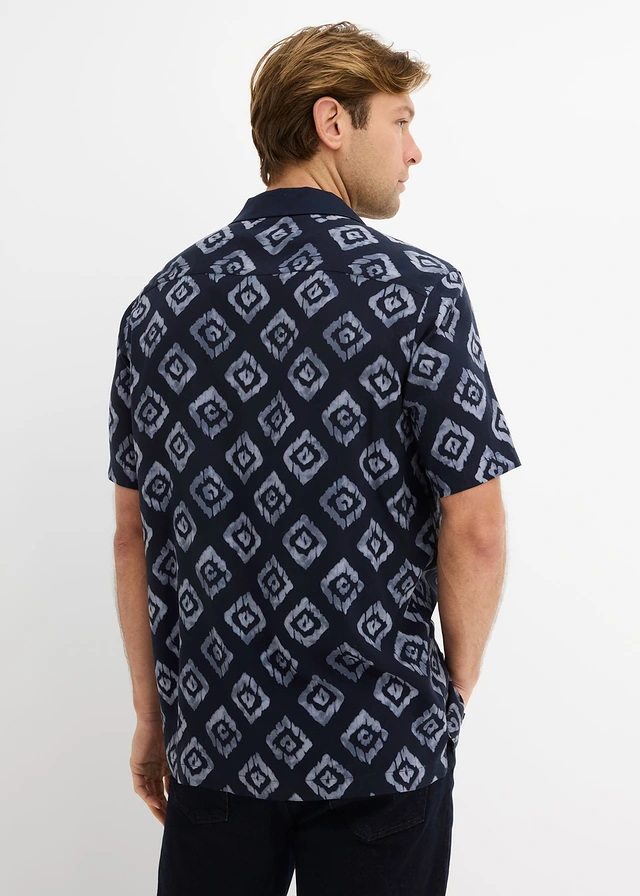 Overhemd met korte mouwen en Resort-kraag, Kleur: donkerblauw gedessineerd