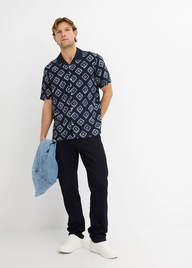 Overhemd met korte mouwen en Resort-kraag, Kleur: donkerblauw gedessineerd