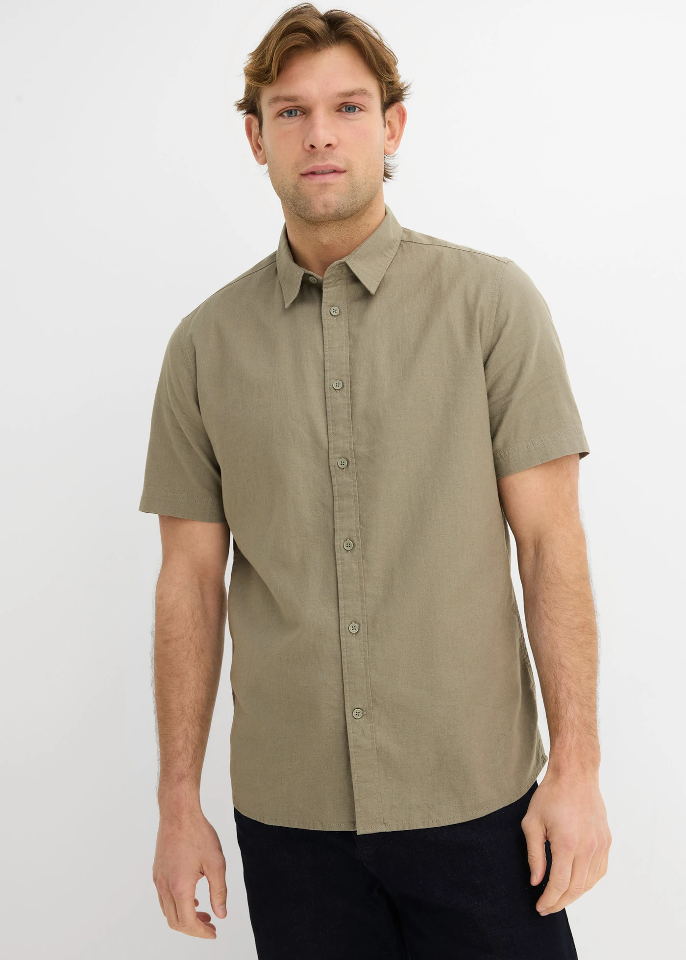 Overhemd met linnen, korte mouw • rookolijfgroen • bonprix online shop