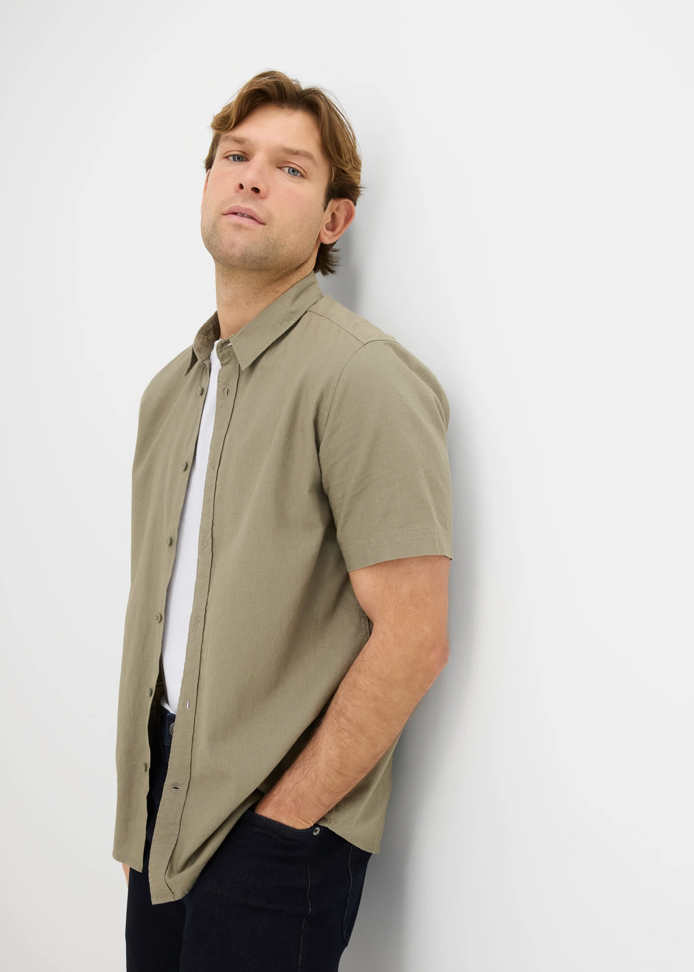 Overhemd met linnen, korte mouw • rookolijfgroen • bonprix online shop