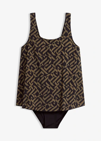 Badpak in tankini-look • zwart/donkerolijfgroen grafische print • bonprix online shop