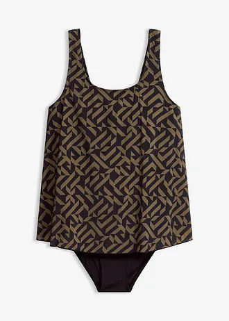 Jednodílné plavky se vzhledem tankin, barva: černo-tmavě olivová
