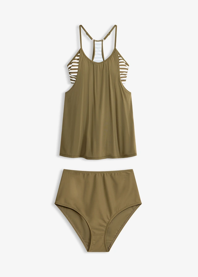 Tankini long (ens. 2 pces) effet superposé, Couleur: olive foncé/blanc rayé