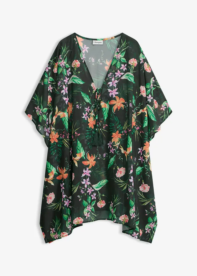Strandtuniek van lichte chiffon, Kleur: groen gebloemd