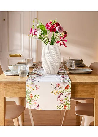 Tafelloper met bloemenprint, Kleur: meerkleurig wit
