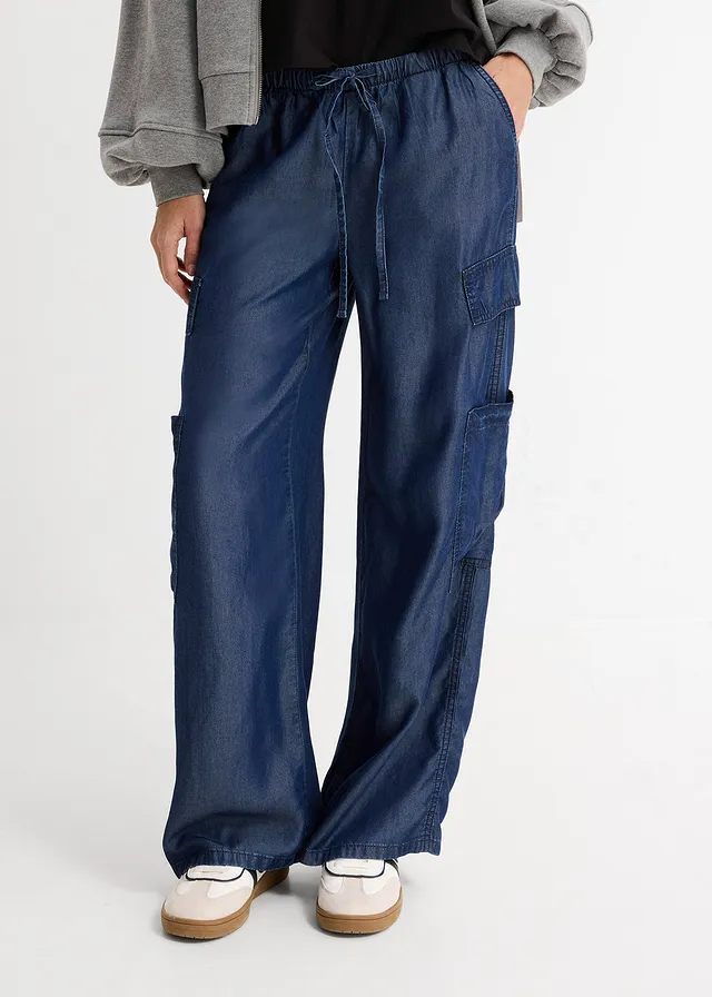 Pantalon large à taille extensible en lyocell fluide, Couleur: bleu foncé denim