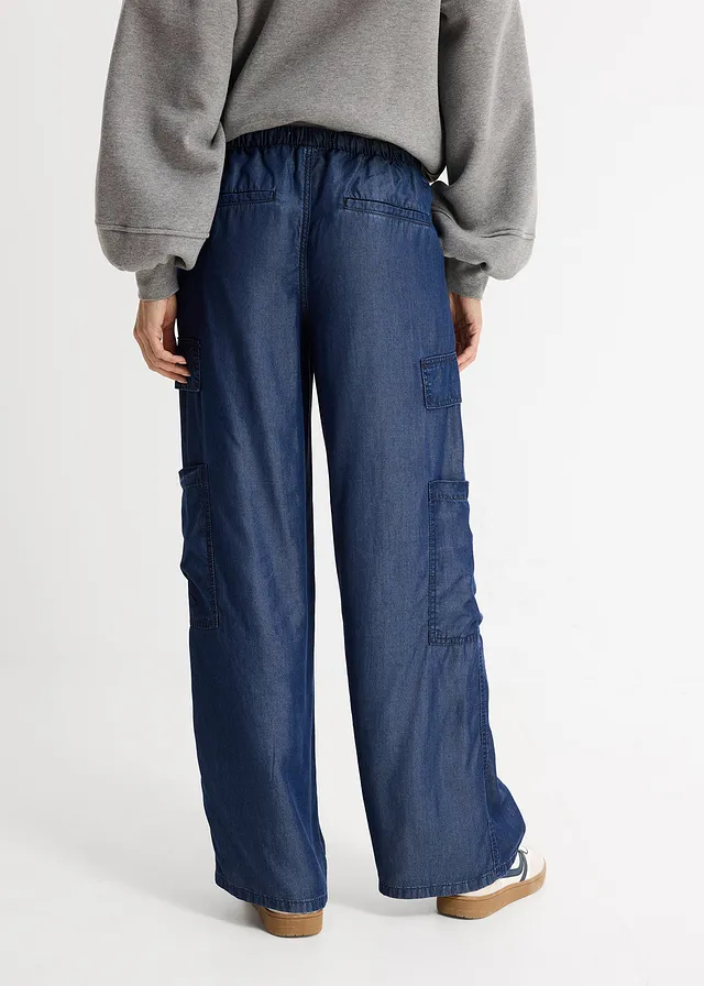 Pantaloni largi cu elastic și șiret în talie din Lyocell fluid • bleumarin denim • magazin bonprix