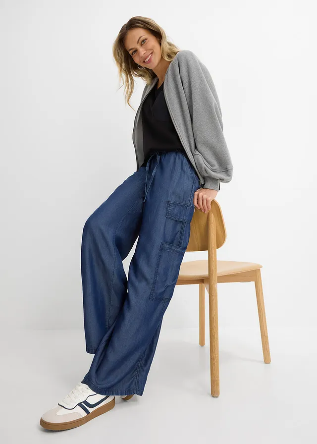 Szerokie spodnie z gumką w talii, z lejącego lyoncellu • ciemnoniebieski denim • sklep bonprix