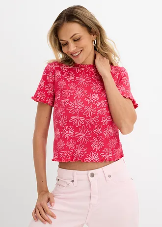 Krótki T-shirt z mieszanki bawełny, kolor: różowy hibiskus - jasnoróżowy w kwiaty