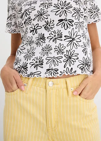 Tricou scurt din material cu bumbac • alb-negru înflorat • magazin bonprix