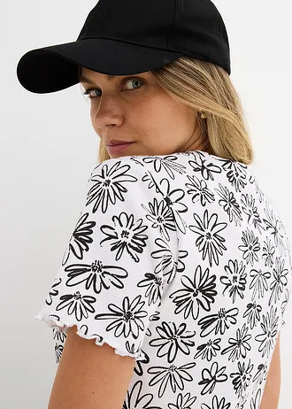 Tricou scurt din material cu bumbac • alb-negru înflorat • magazin bonprix
