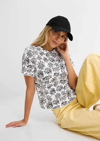 Kort T-shirt van katoenmix • wit-zwart gebloemd • bonprix online shop