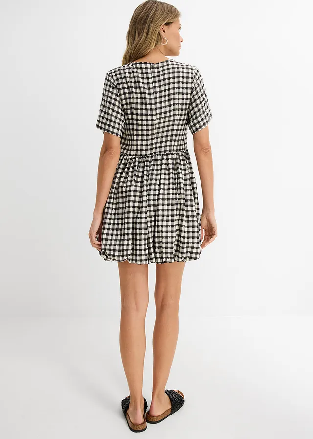Korte jurk met bubble hem, Kleur: zwart-wit geruit