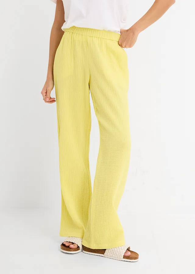 Pantalon en gaze de coton à taille élastiquée, Couleur: citron pastel délavé