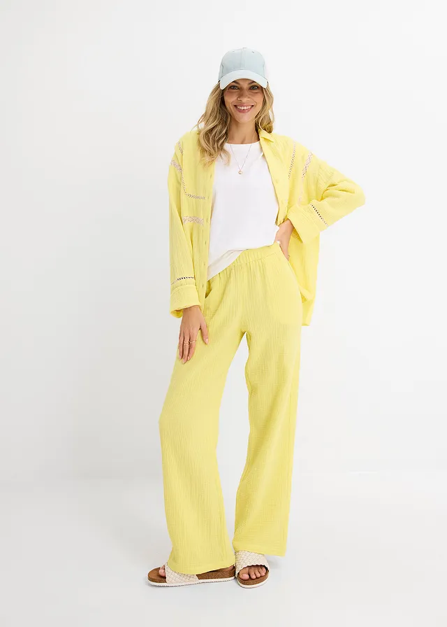 Instapbroek van mousseline lichtlimoen washed