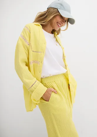 Pantalon en gaze de coton à taille élastiquée • citron pastel délavé • Boutique bonprix