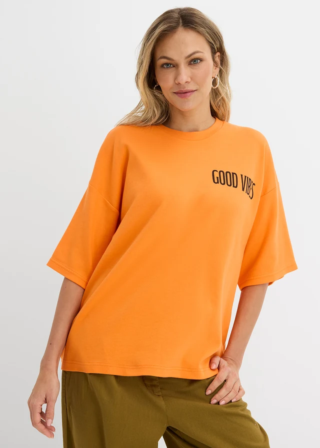 T-shirt oversize 100% coton, Couleur: orange vif-noir imprimé