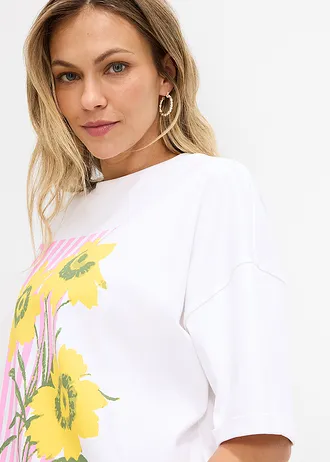 Bluză oversize din bumbac organic 100% • alb cu imprimeu • magazin bonprix