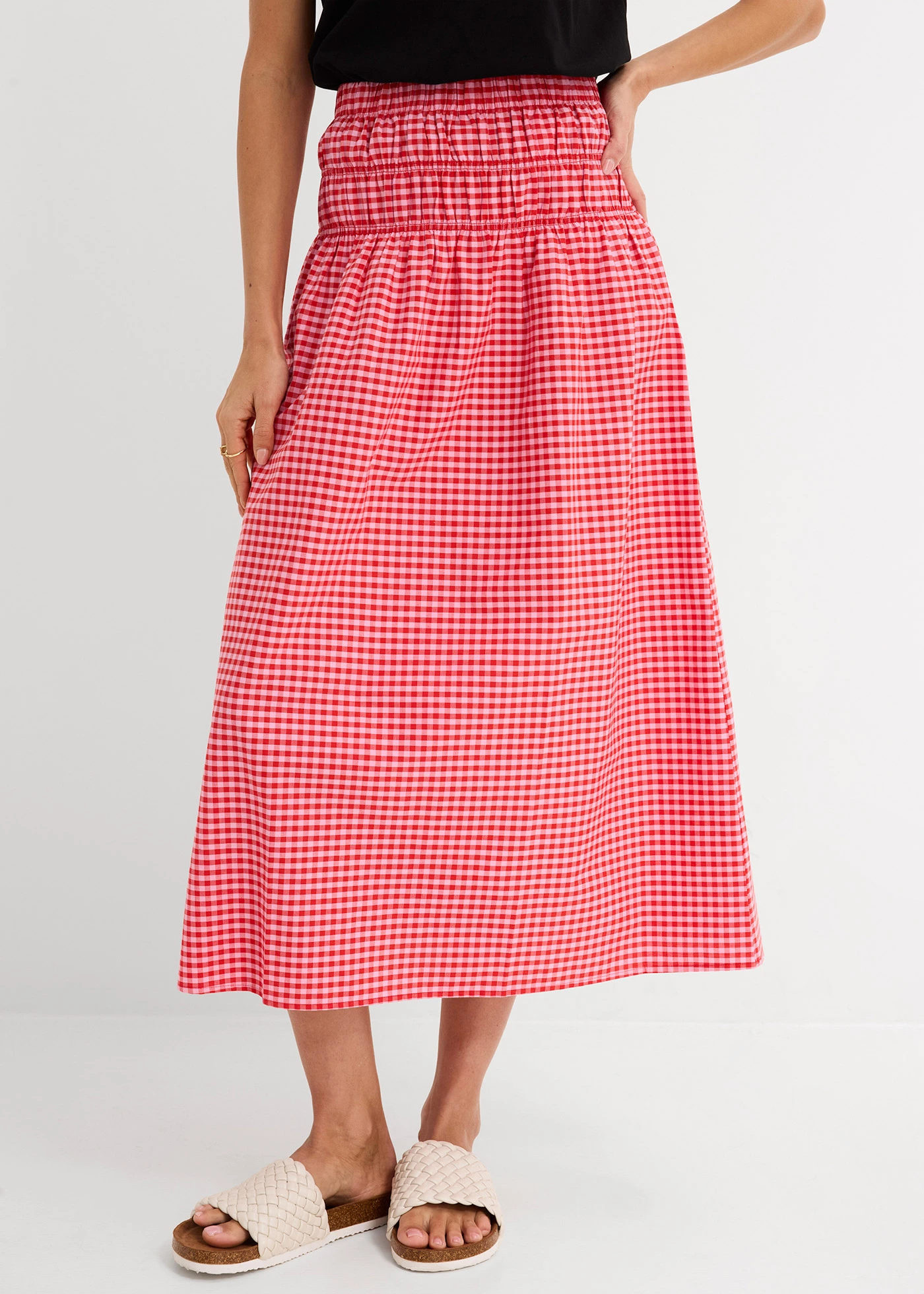 Maxi rok van een elastische katoenmix • roze-aardbeirood geruit • bonprix online shop