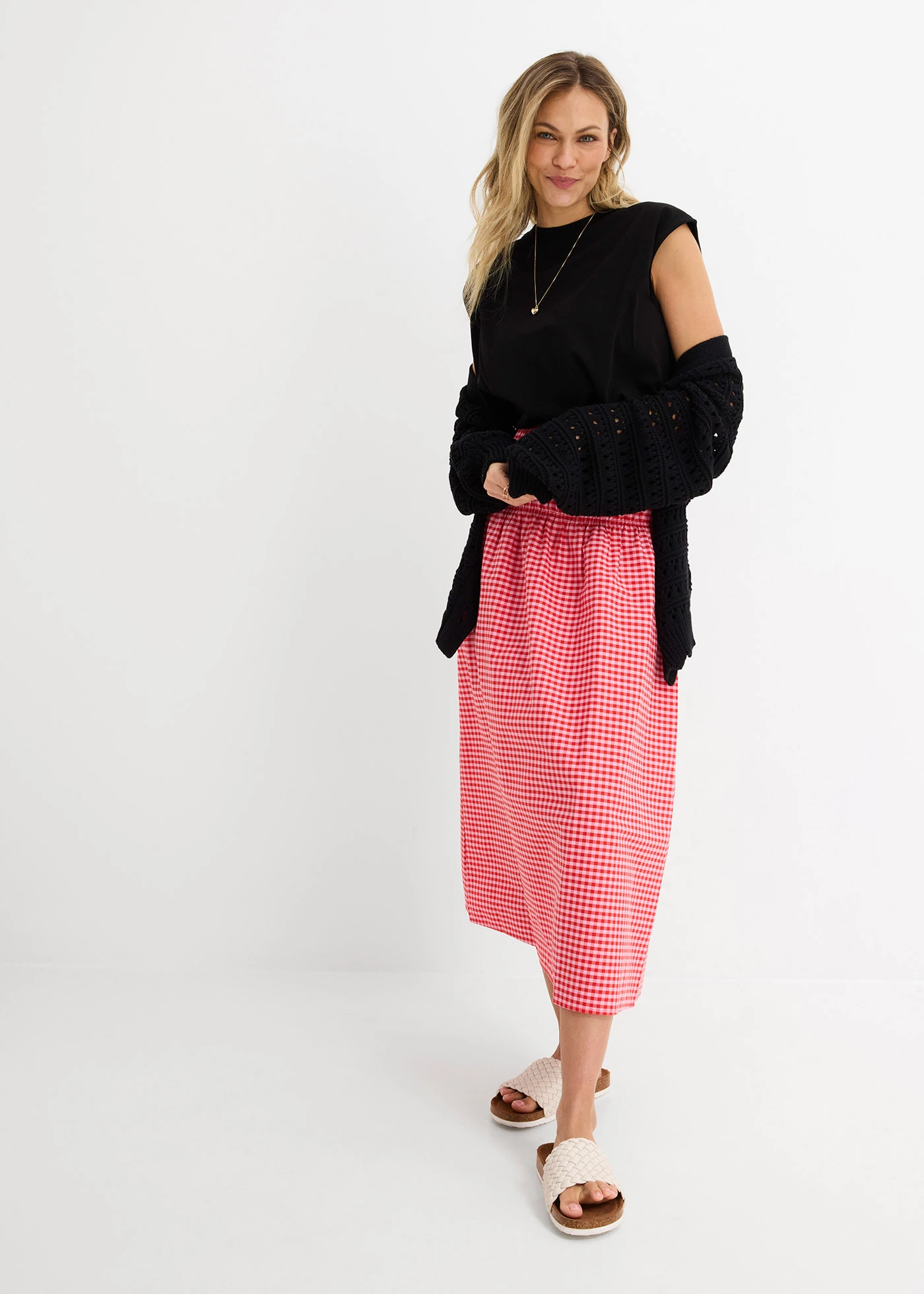 Fustă maxi din material elastic cu bumbac • roz-roșu-căpșună cadrilat • magazin bonprix