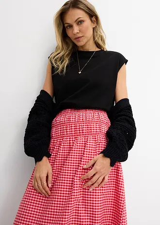 Fustă maxi din material elastic cu bumbac • roz-roșu-căpșună cadrilat • magazin bonprix