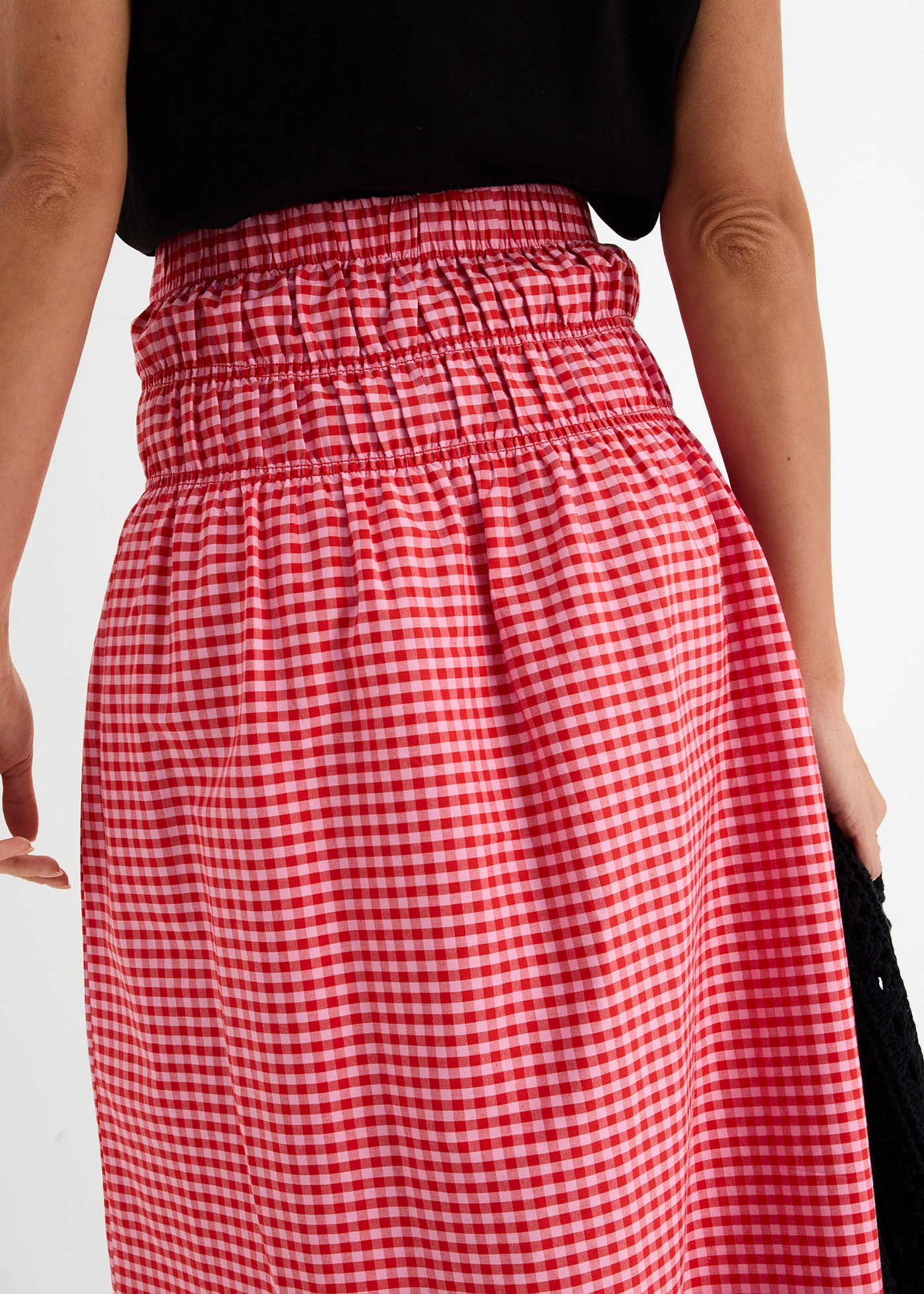 Maxi rok van een elastische katoenmix • roze-aardbeirood geruit • bonprix online shop