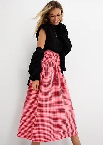 Fustă maxi din material elastic cu bumbac • roz-roșu-căpșună cadrilat • magazin bonprix