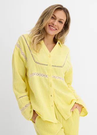 Mousseline blouse met kanten inzetstukken, Kleur: lichtlimoen washed