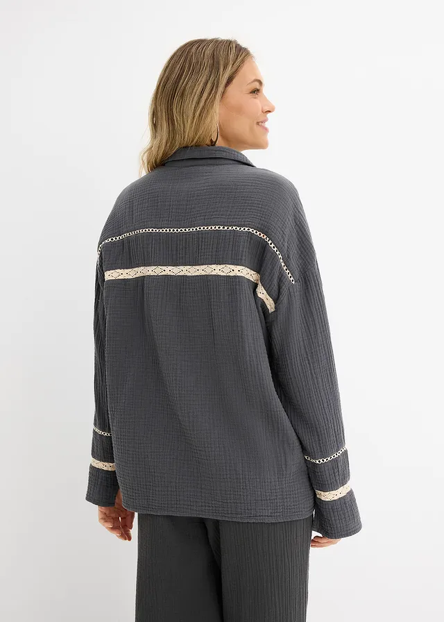 Blouse en gaze de coton avec empiècements de dentelle • anthracite délavé • product-page.page-title-suffix