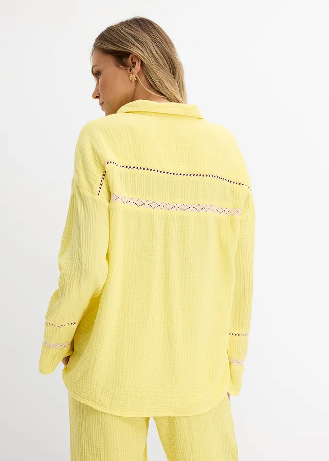 Mousseline blouse met kanten inzetstukken, Kleur: lichtlimoen washed