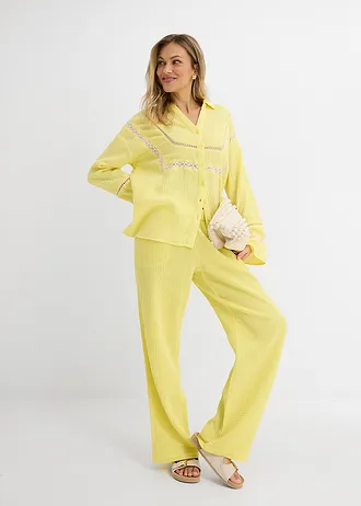 Mousseline blouse met kanten inzetstukken • lichtlimoen washed • bonprix online shop