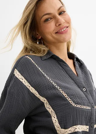 Mušelínová blúzka s čipkovými časťami • antracitová washed • obchod bonprix