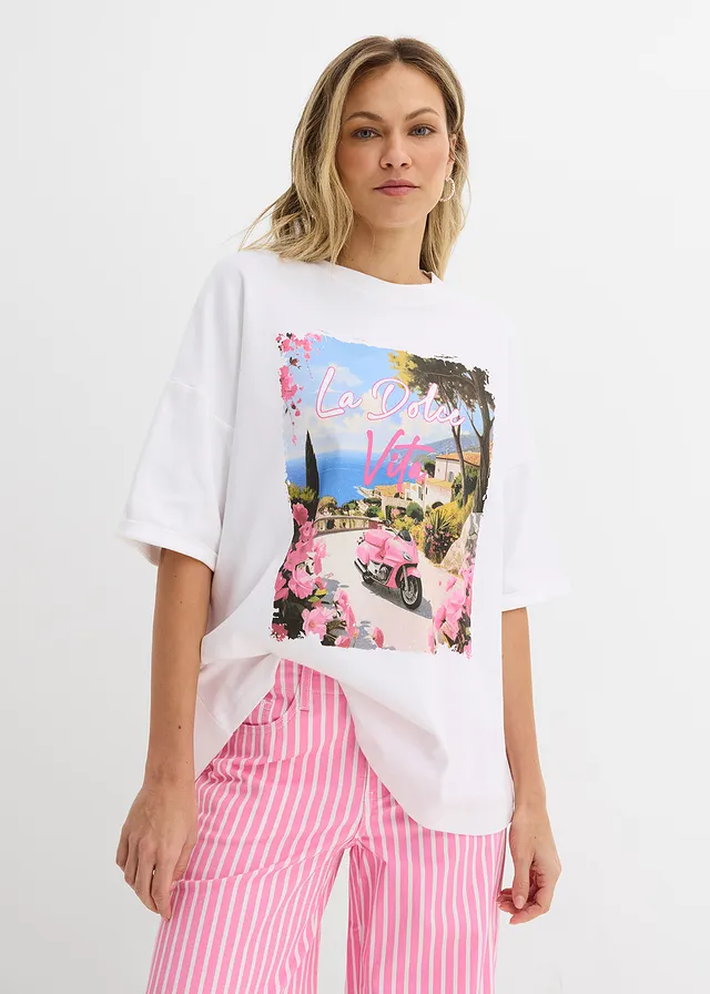 T-shirt oversize 100% coton, Couleur: blanc imprimé