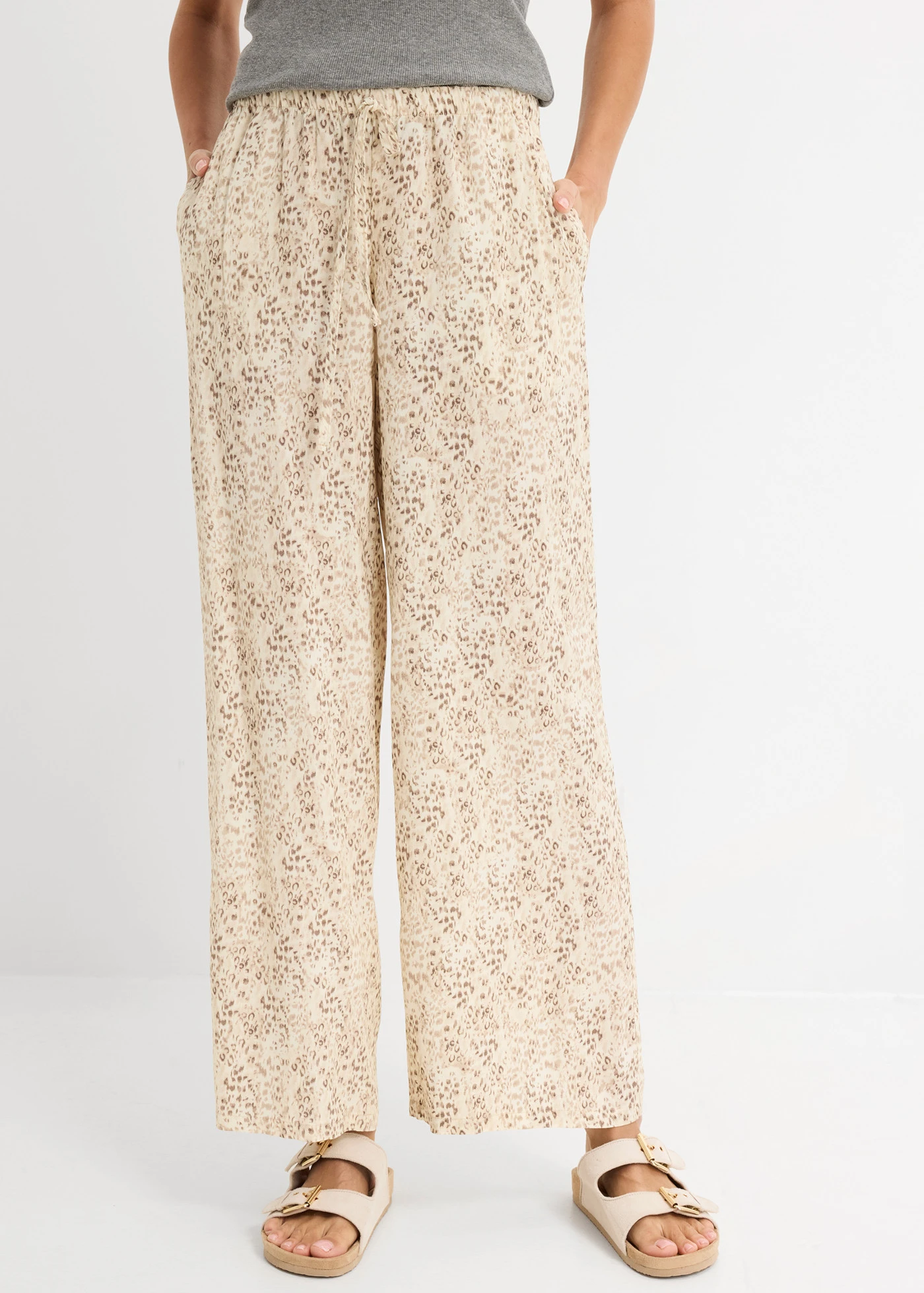 Pantalon taille élastiquée en viscose fluide • beige galet-noir imprimé • Boutique bonprix