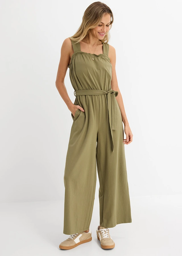 Jersey jumpsuit van katoenmix, Kleur: olijfgroen