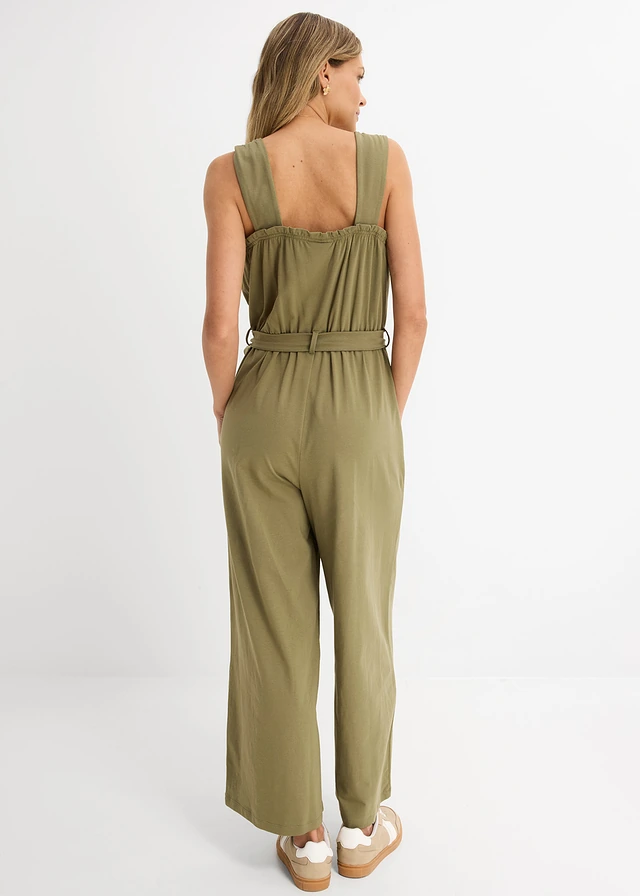 Jersey jumpsuit van katoenmix, Kleur: olijfgroen