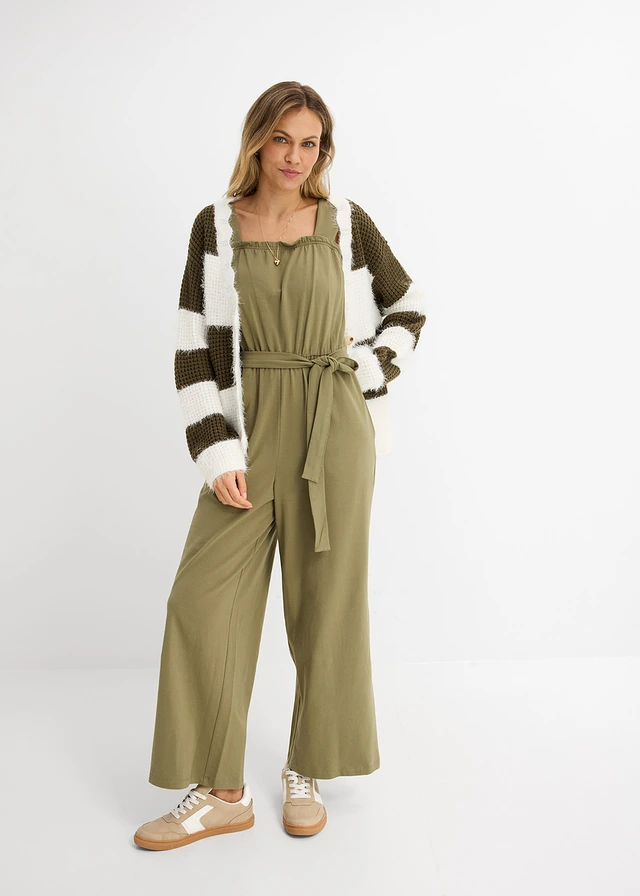 Jersey jumpsuit van katoenmix, Kleur: olijfgroen